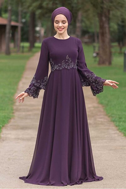 Neva Style Beaded Purple Hijab Evening Dress 9181Purple