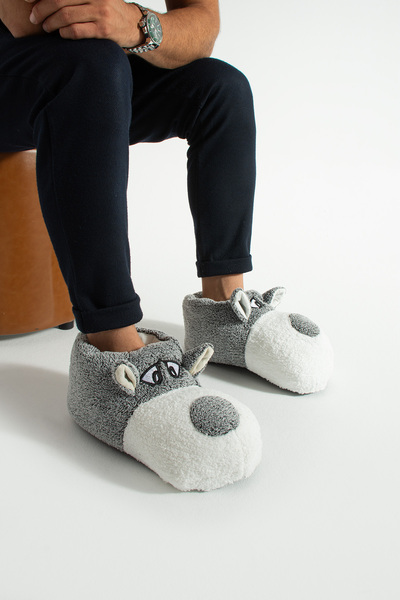 Moda Devrin White Gray Cuddle Dog Bobby Animal Silent Sole Slippers Plush Home Shoes