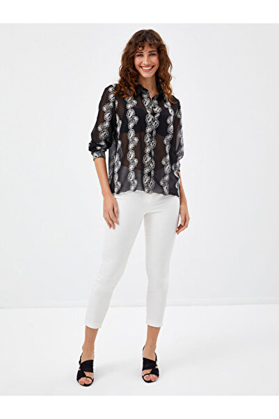 Faik Sönmez Kontrast Renk Nakış Detaylı Şifon Gömlek 68185