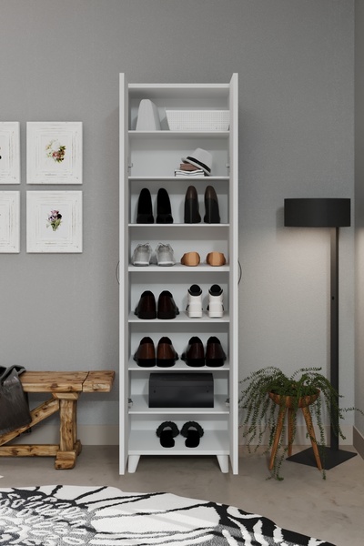 KZY 8 Raflı 2 Kapaklı 16R Ayakkabı Dolabı Banyo Dolabı Çok Amaçlı Dolap Beyaz