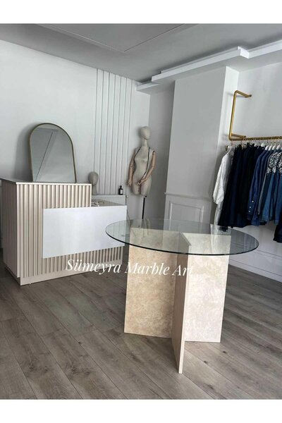 Sümeyra Marble Art TRAVERTEN AYAKLI CAM MASA- YUVARLAK FORM-TEMPERLİ CAM