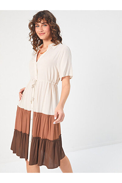 Faik Sönmez Renk Bloklu Parçalı Etekli Viskon Elbise 68276