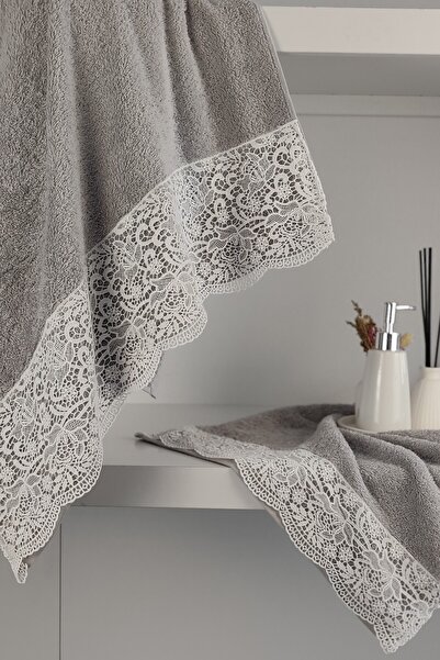 Sevim Набір банних рушників з гіпюровою мереживою - 100% бавовна - Набір для ванної кімнати - Рушник для нареченої - Сірий