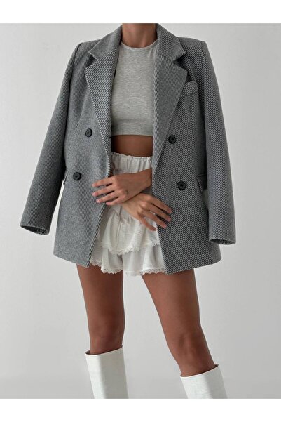 popibutik Κοντό παλτό με μοτίβο ψαριού με κουμπιά γκρι ύφασμα κασμίρ