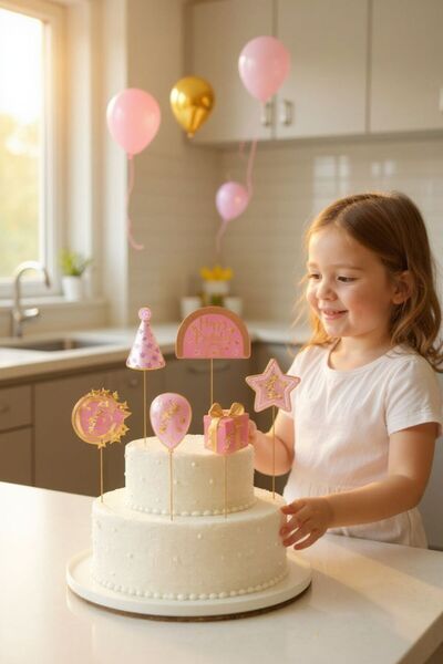 Cadde Süs Set de caractere pentru tort cu tematică Happy Birthday roz