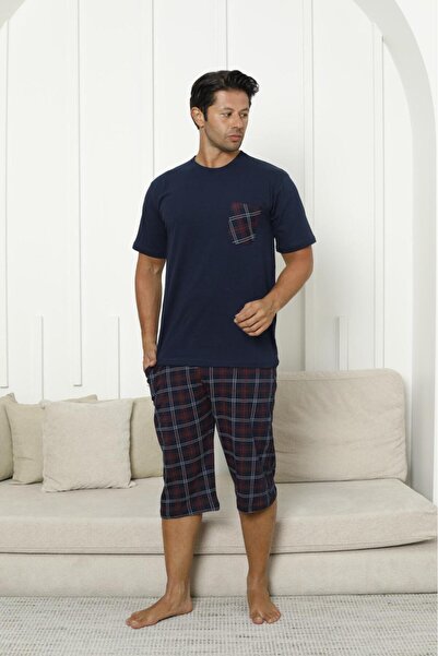 FORMO Erkek %100 Organik Doğal Pamuk Ekose Cep Detaylı Yüksek Kalite Kısa Kollu Kaprili Pijama Takımı