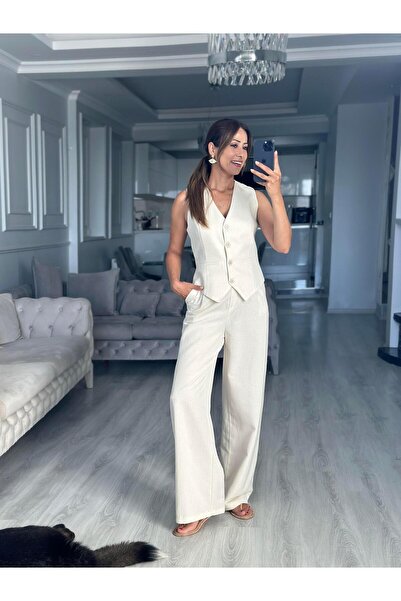 Forlady4 Women's Linen Set - Cream Terni Vest and Trousers