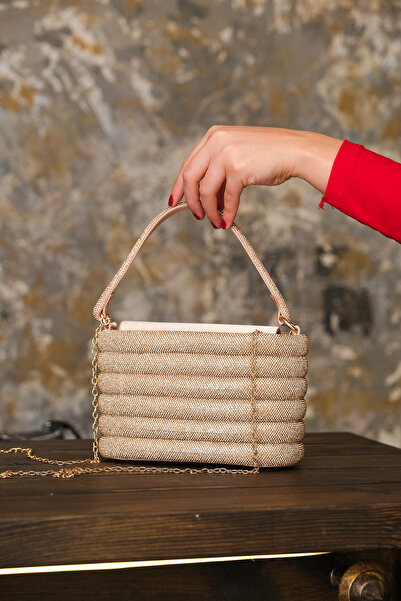 ROZA CANTA Geantă de seară pentru femei, cu mâner din piatră aurie și curea c...