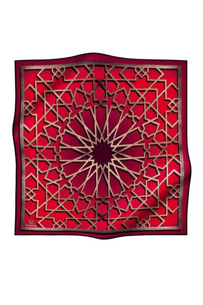 Vissona 57% Silk 43% Viscos Twill Turkish Motif Patterned Red Color 90X90 Scarf Sewing Shape: Hand Sewing
