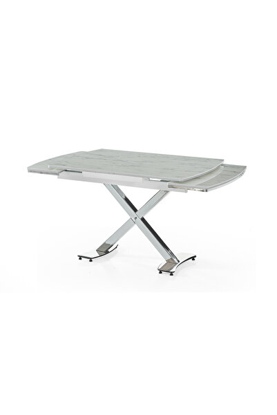 DENGEMA Diamond Açılır Masa Takımı – Beyaz Mermer Krom Metal Ayak, 4 Sandalyeli, 80x120/180 cm
