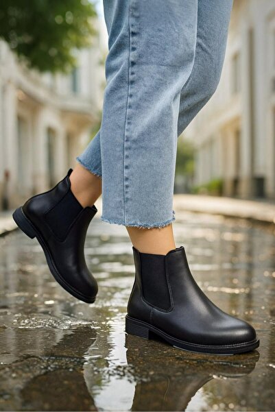 Nstil Жіночі чорні шкіряні чоботи на щоденне носіння з товстим овальним носком, еластичною підошвою, низьким каблуком і рифленою підошвою Bootie 387