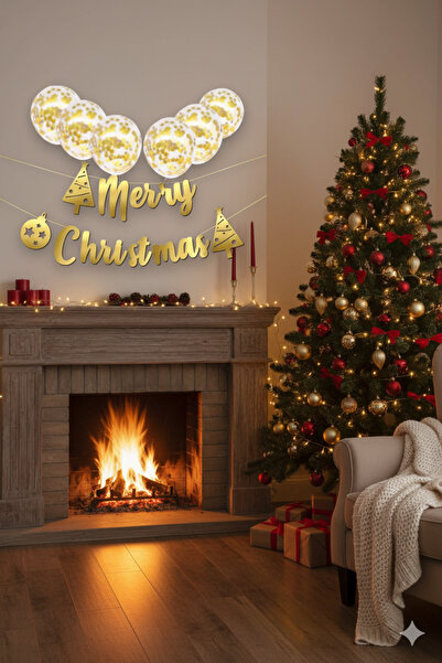 Deniz Party Store Merry Christmas - New Year Gold with Transparent Confetti and Calligraphy Writing