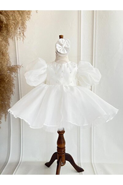Hobidik Off White Organza Pearl Embroidered Balloon Sleeve Puffy Dress
