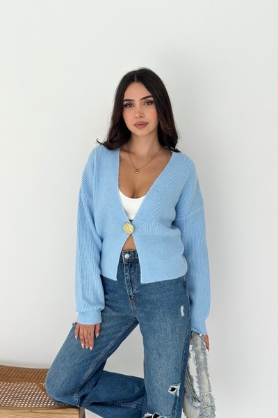 Noi Belis Soft Textured Big Button Detailed Knitwear Cardigan Aw25Hi0002