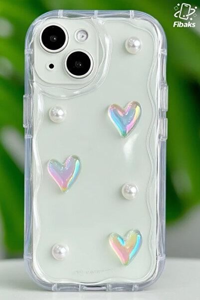 Fibaks iPhone 14 Compatible Case Designed Patterned Camera Protection 3D Heart and Pearl Design Transparent Silicone