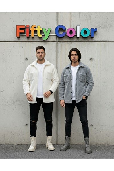 Fifty Color Πακέτο 2 Unisex Λευκό και Γκρι βελούδινο πουκάμισο ζακέτα από φλις
