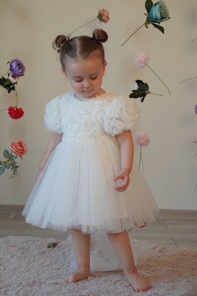 ALYRA Kız Bebek Elbise Kısa Kollu Fiyonklu Güllü Doğum Günü Parti Düğün Özel Gün Abiye Kız Çocuk Elbise