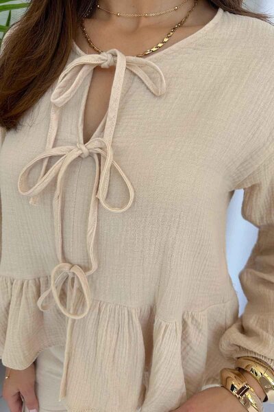 Mine Tan Butik Set de damă din muselină de culoare bej - talie elastică și de...