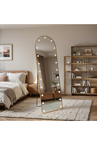 Myplas Modern Sinematik Işıklı Ayaklı Boy Aynası Metal Çerçeveli Oval Tasarım