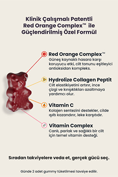 Vitadore Çiğnenebilir Cilt Vitamini - Beauty Skin Gummy - Kolajen, Red Orange Complex™, Vitamin C&E, Selenyum