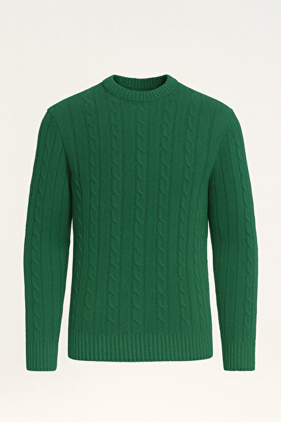 Valiberta Hair Braided Crew Neck Men's Knitwear Sweater - Green