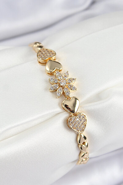 Lisinya Brass Zircon Stone Heart Detailed Flower Model Gold Color Women's Bra...