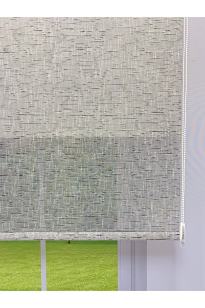 donatti perde Çift Mekanizmalı Açık Gri Çizgili Desenli Tül ve Beyaz Mat Stor...