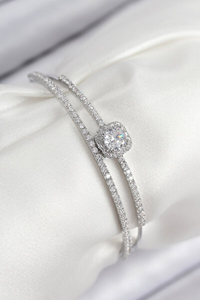 Lisinya Brass Zircon Stone Baguette Model Silver Color Women's Bracelet - Tygoo