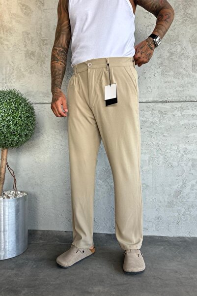MADZEYMODA Ανδρικό φαρδύ παντελόνι KE-1000 Model - Πλισέ Κρεμ ύφασμα