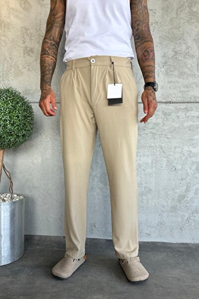 MADZEYMODA Ανδρικό φαρδύ παντελόνι KE-1000 Model - Πλισέ Κρεμ ύφασμα