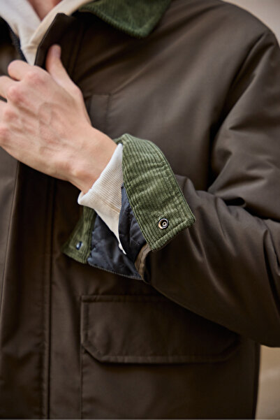 Danger Ανδρικό παλτό με γιακά με αντίθεση Μπουφάν Χακί