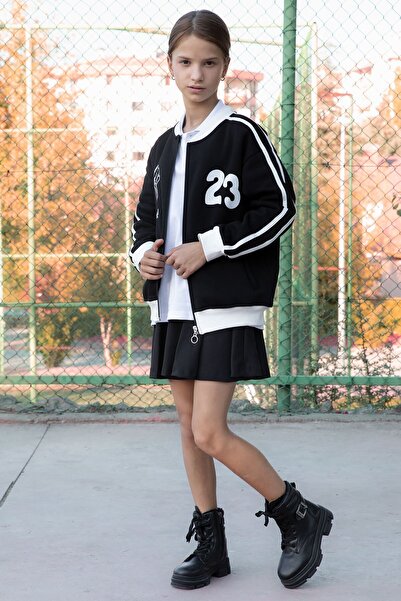Cansın Mini Black Beautifull Written Sleeve Stripe Girl's College Cardigan 21190