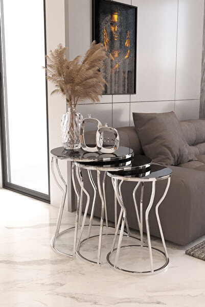 ysnn aksesuar ZETA 3'LÜ NİKEL (GÜMÜŞ RENK FÜME AYNA ZİGON SEHPA