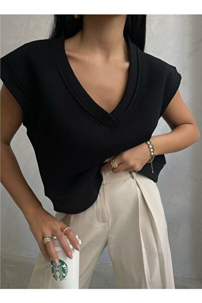 lovebox Жіночий V-подібний безрукавний чорний светр 11526