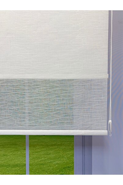 donatti perde Çift Mekanizmalı Beyaz Çizgili Desenli Tül ve Beyaz Mat Stor Perde