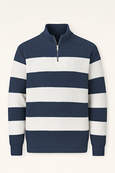 Valiberta Плетен пуловер с половин цип и големи райета Pedro Oversized Striped Thessaloniki - индиго