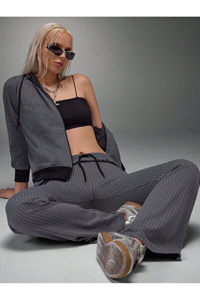 Miyalon Gray Bottom Top Set with Black Striped Elastic Waist
