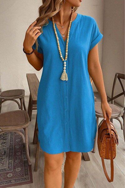 Genel Markalar Kadın Kısa Kollu önden Düğmeli Ithal Keten Elbise