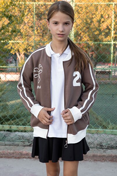 Cansın Mini Brown Beautifull Written Sleeve Stripe Girl's College Cardigan 21193