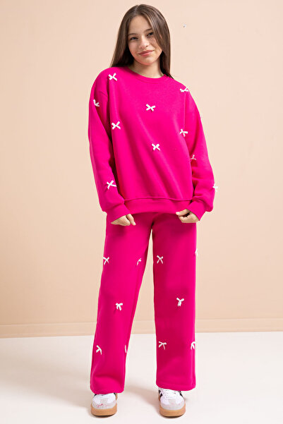 Cansın Mini Φούξια Φιόγκος Κεντημένο Crew Neck Κοριτσίστικο Σετ Φόρμας 21286