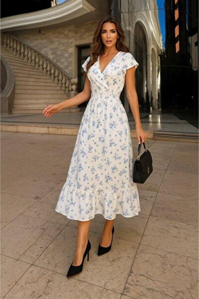 ARONA Women Short Sleeve Double Breasted Collar Elastic Waist Flower Print Dress