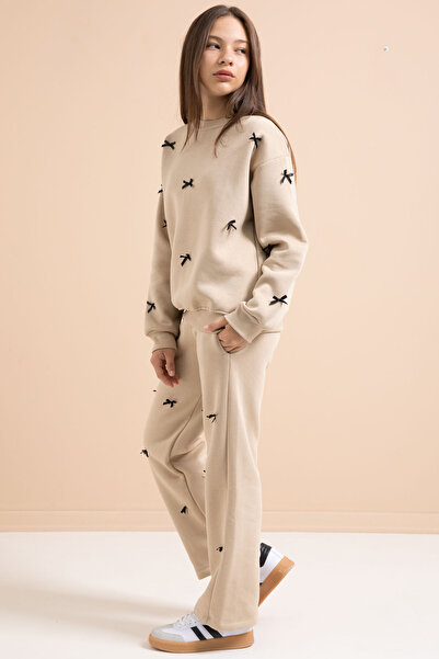 Cansın Mini Μπεζ κέντημα με φιόγκο με λαιμόκοψη για κορίτσια με ανοιχτόχρωμο σετ φόρμας 21287