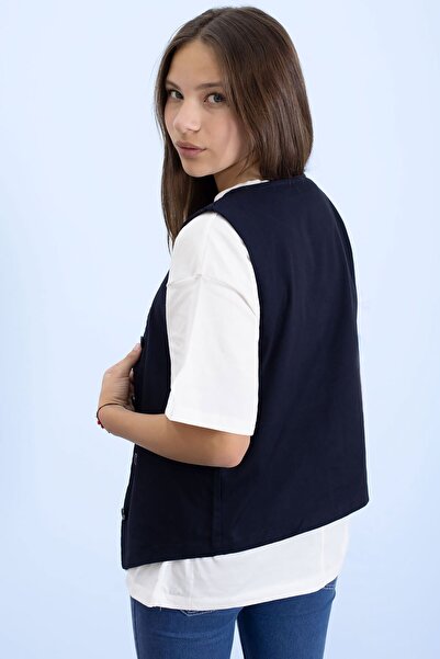 Cansın Mini Navy Blue Girl's Button Detailed Vest 21524