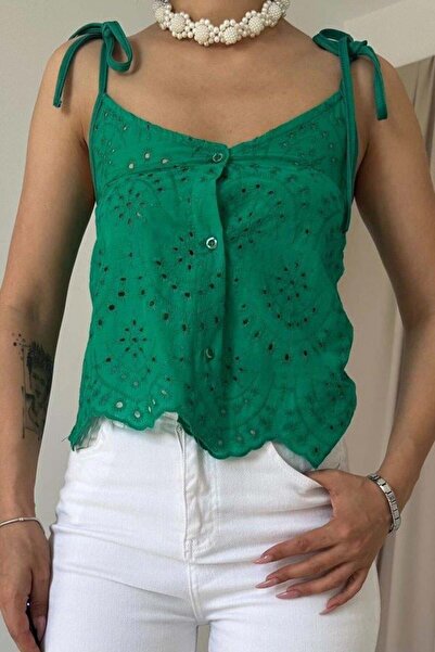 Melek Moda Green Lace-Up Brode Blouse