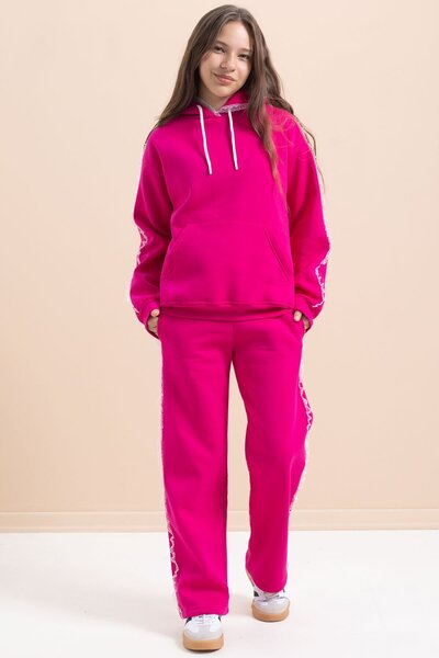 Cansın Mini Fuchsia Girl's 3-Thread Suit with Lace Detail 21507