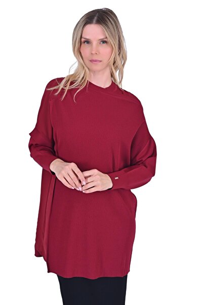 Invee بلوزة تريكو مزدوجة باللون الأحمر الداكن