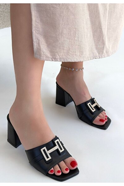 Lisinya Erew Black Leather Heeled Slippers - Tygoo