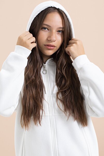 Cansın Mini White Girl's Hooded Cardigan with Ribbed Trim 21520