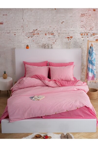 Dovira طقم غطاء لحاف قطني مخطط باللون الوردي الفوشيا (بدون ملاءات) 160 × 220 سم