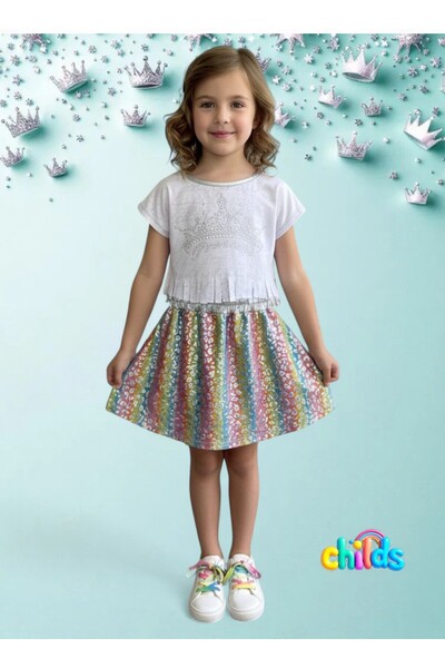 childs Bottom Top Girl Children's Suit Princess Stone Printed Tassel Devore Short Top Shiny Leopard Skirt